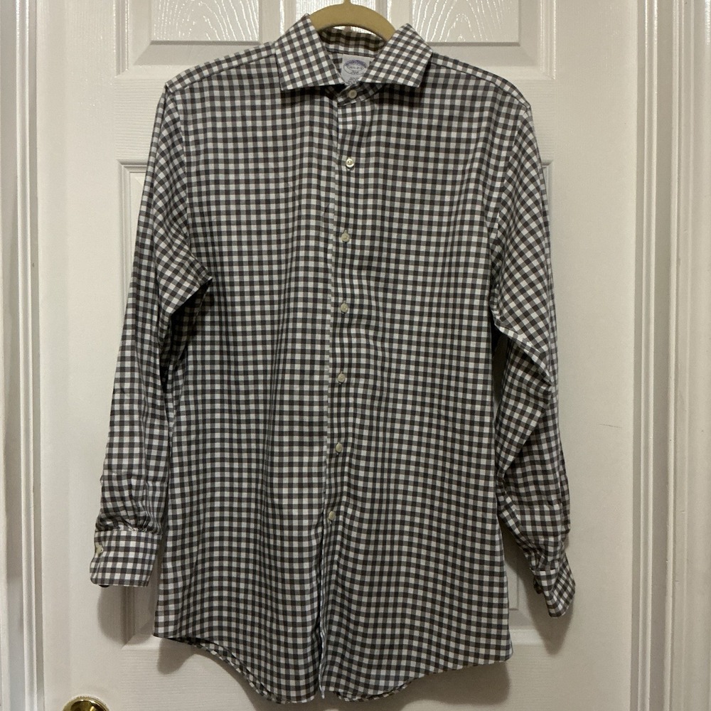 Brooks Brothers Shirt Mens M Gray Gingham Slim Fit Long‎ Sleeve 15 1/2  No Iron